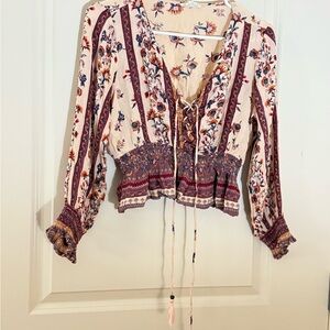Boho Floral Lace-Up Blouse - Cream and Purple